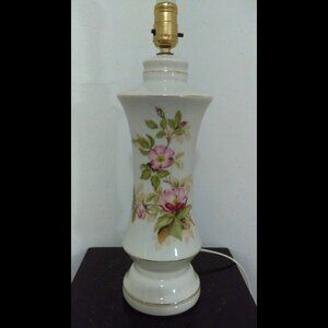 Vintage Porcelain Lamp Painted Flowers Floral Gold Trim Shabby Chic, 17" Tall